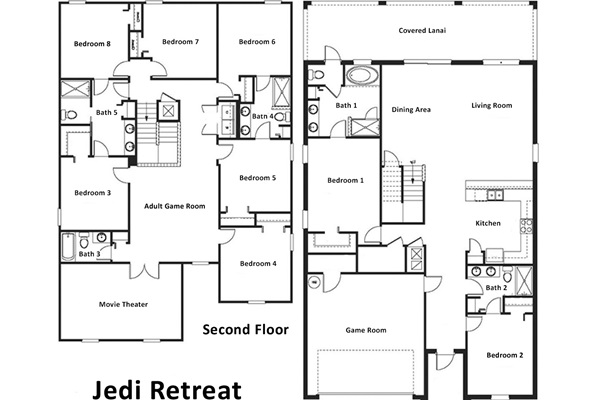 Floor Plan-Jedi Retreat (The following bedrooms and bathrooms are labeled per this plan.)