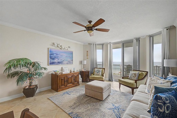 Family room, beautiful Gulf view from sofa, balcony access