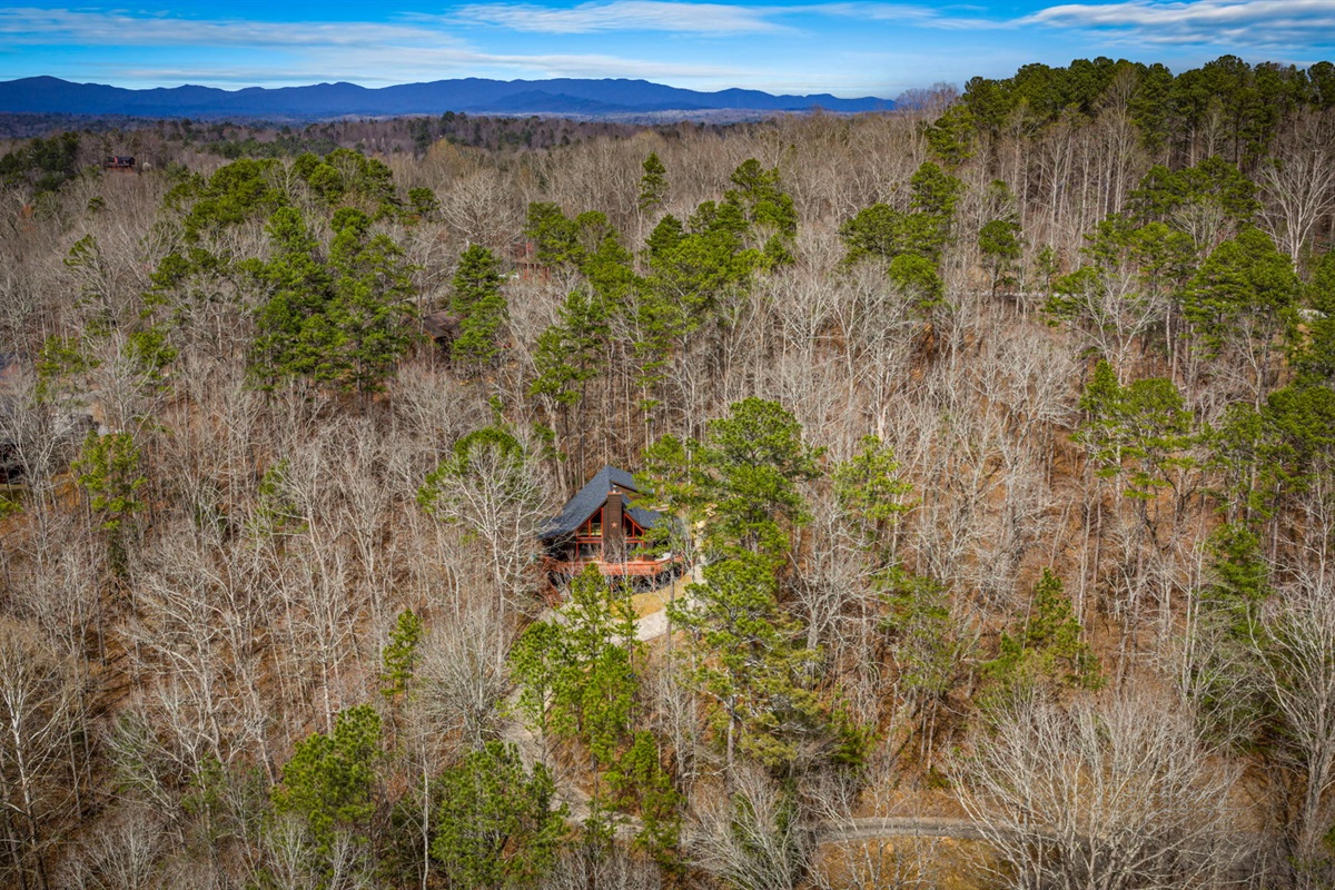 This breathtaking drone-captured view from above highlights the property’s stunning surroundings, including lush trees and scenic mountain landscapes.