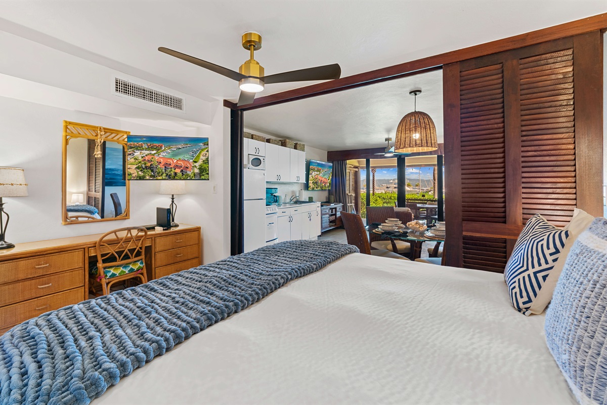 Primary bedroom right off of the living room