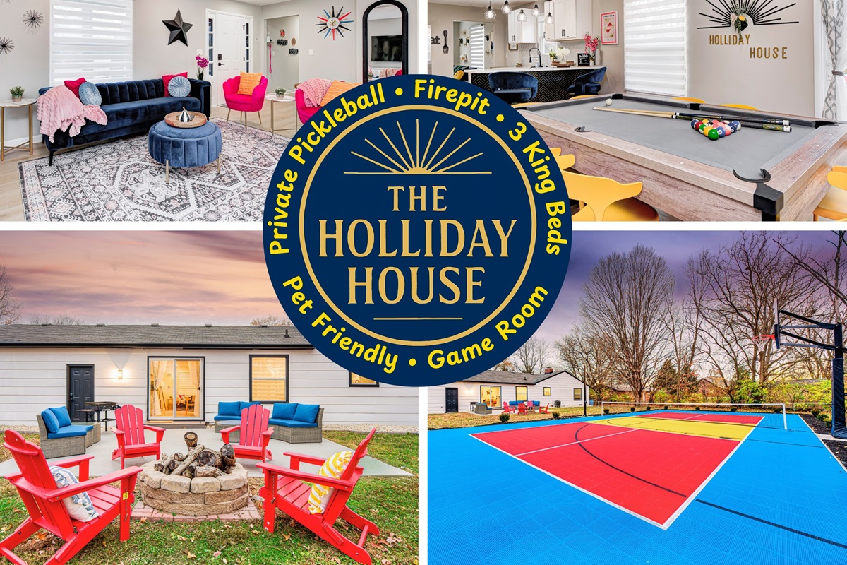 Welcome to The Holliday House — your Indy retreat with a private pickleball court, stylish living spaces, 3 king beds, and family-friendly fun throughout.