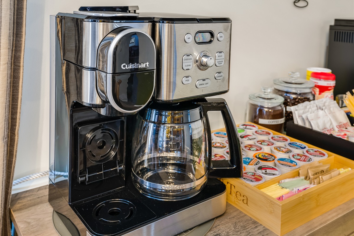 Keriug pods or pot of coffee with coffee, creamer, tea, cocoa, and honey.  However you like your coffee