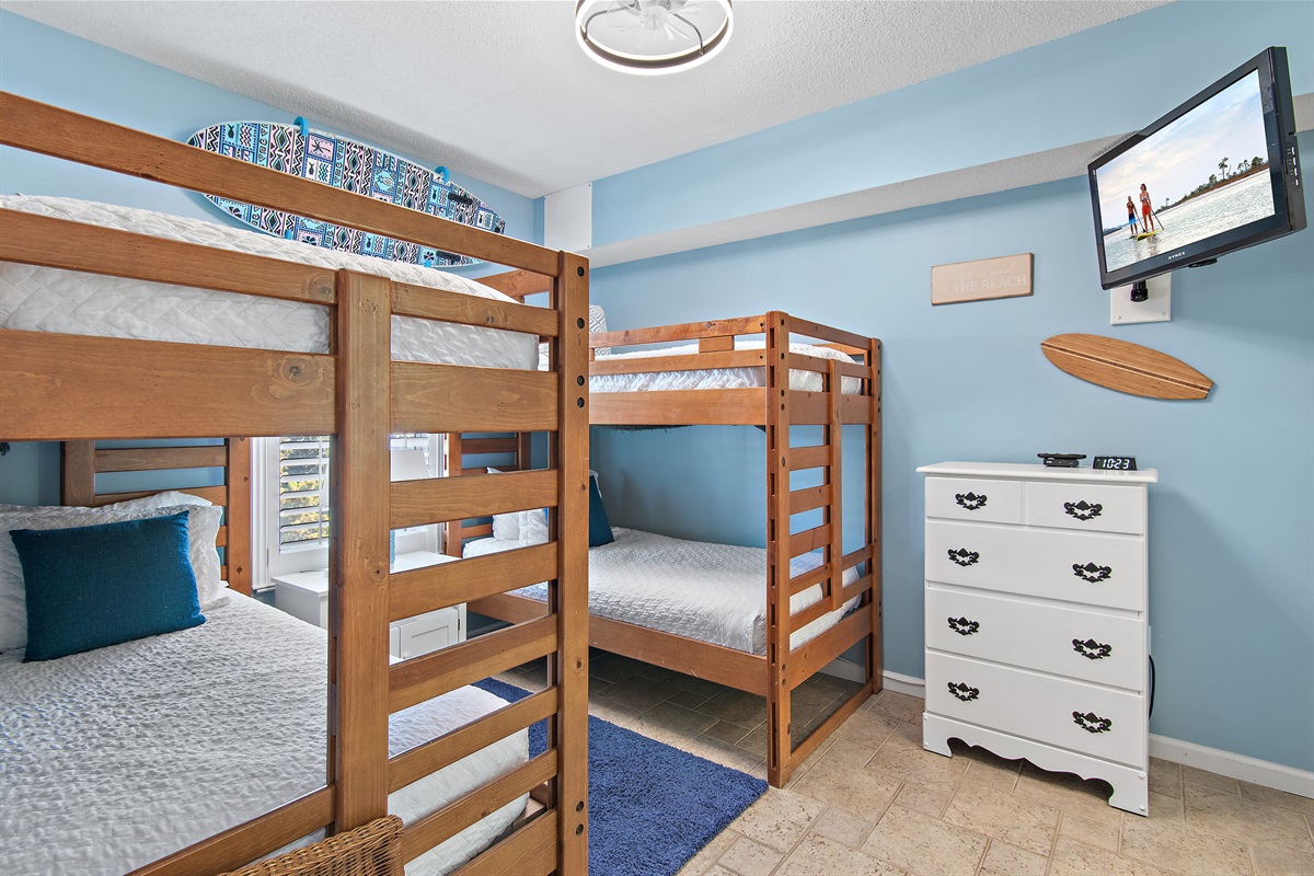 3rd bedroom has BUNK BEDS, Smart TV w/ cable, private bathroom, and closet