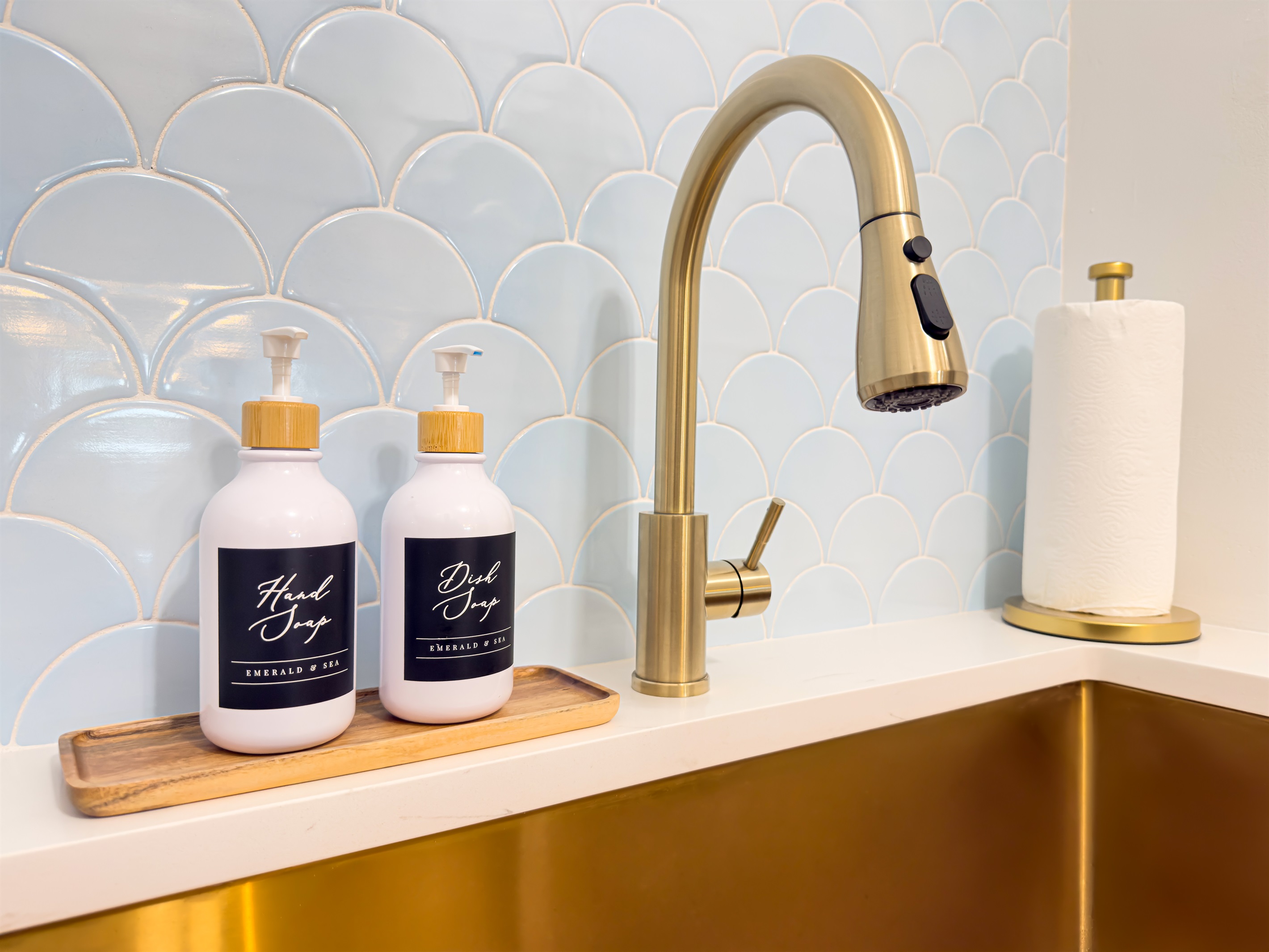 We supply hand and dish soap right by the deep brass sink, giving you one less thing to worry about packing.