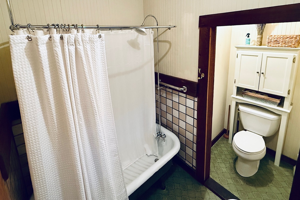 Vintage clawfoot soaking tub with classic rain shower — pure cabin charm.
