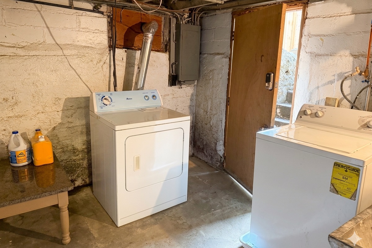 The shared basement laundry area is accessed from the backyard. Detergent and dryer sheets are provided.