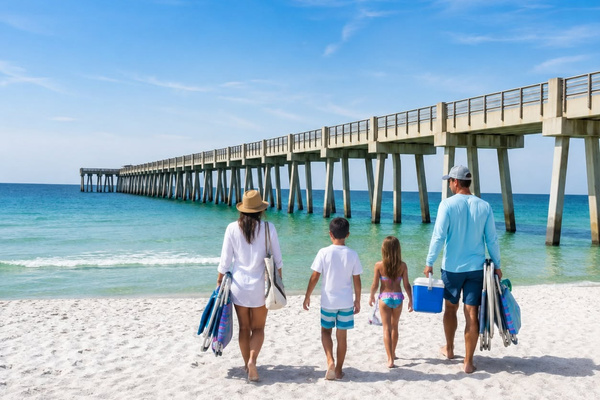 AI-created beach-and-pier illustration inspired by M.B. Miller County Pier. Off-property activity; see the pier for current access information.