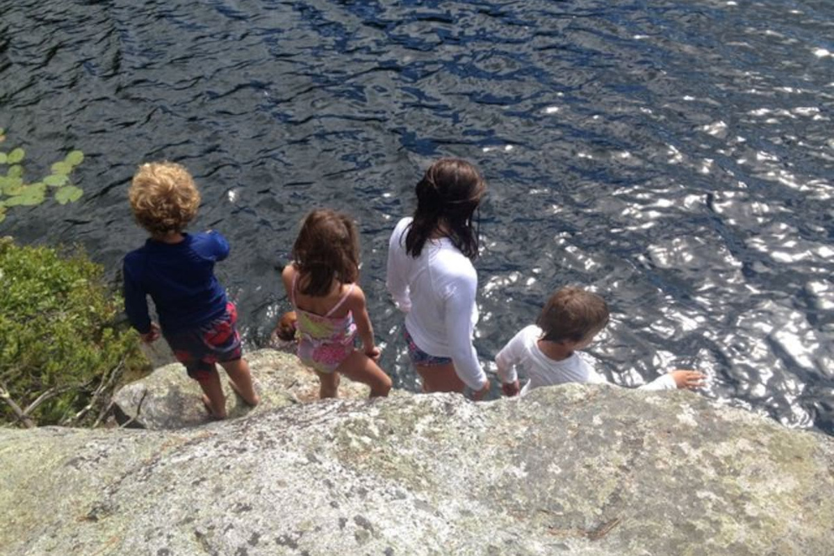 Getting ready to jump from the lower cliff.