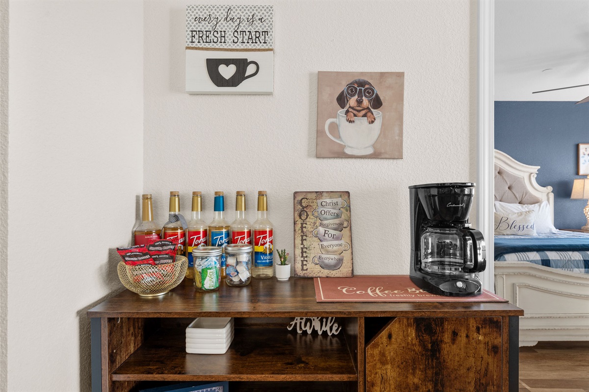Coffee bar with complimentary essentials.