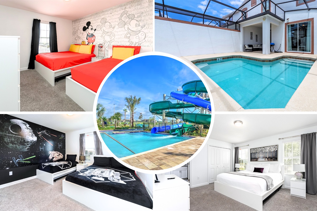 Our lovely vacation home has 4 bedrooms, 2 masters with king and queen beds, and two themed bedrooms, Free access to the water park!