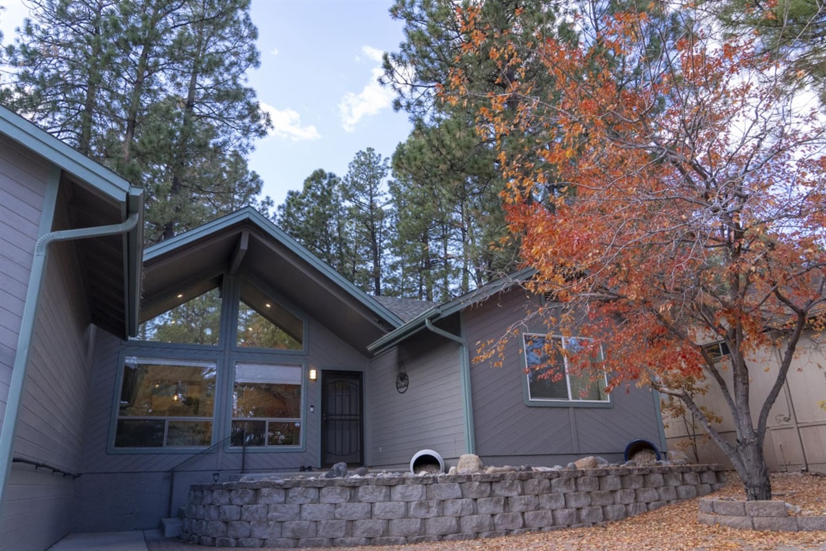 Home entrance with paved courtyard, mature trees, and natural stone details.