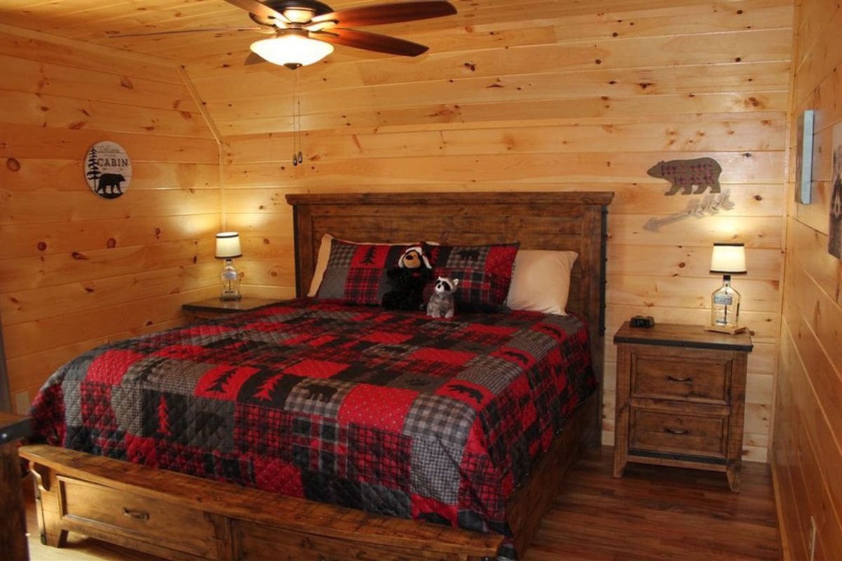 Bottom level king master suite with shower only bathroom