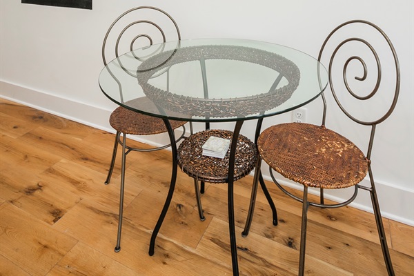 The cute 2-top table is perfect for a couple to enjoy coffee or a meal. No worries, there is plenty of sitting space to eat throughout The Nashville Scene Suite.