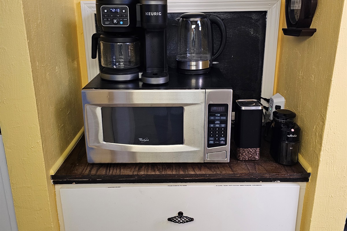 Our Coffee bars offer you a choice for making your coffee - drip, Keurig or pour-over. We get your stay started with a starter pack of coffee beans, K-cups, teas, sweeteners and creamer.