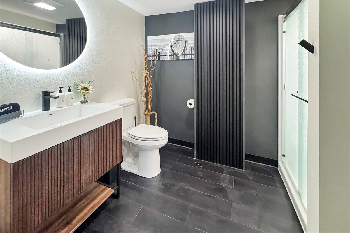 Newly renovated lower level bath - modern finishes and spacious comfort