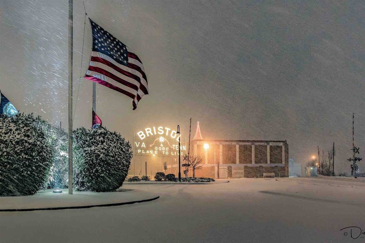 The historic Bristol Sign during a rare snow storm!