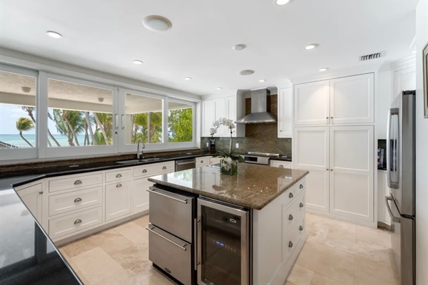 Kitchen Island with refrigerated drawers and wine fridge