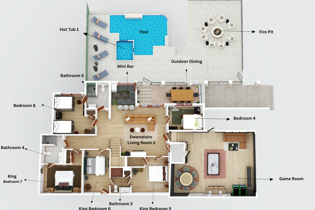Downstairs Floor Plan:
See how the downstairs living areas are laid out.