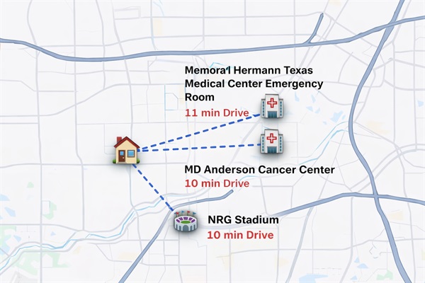 The property is just a short drive from the Texas Medical Center (including MD Anderson) and NRG Stadium, offering convenient access for medical visits and major events.