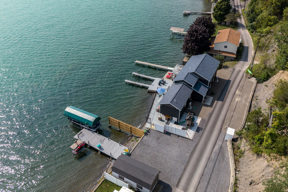Aerial view of the property and waterfront