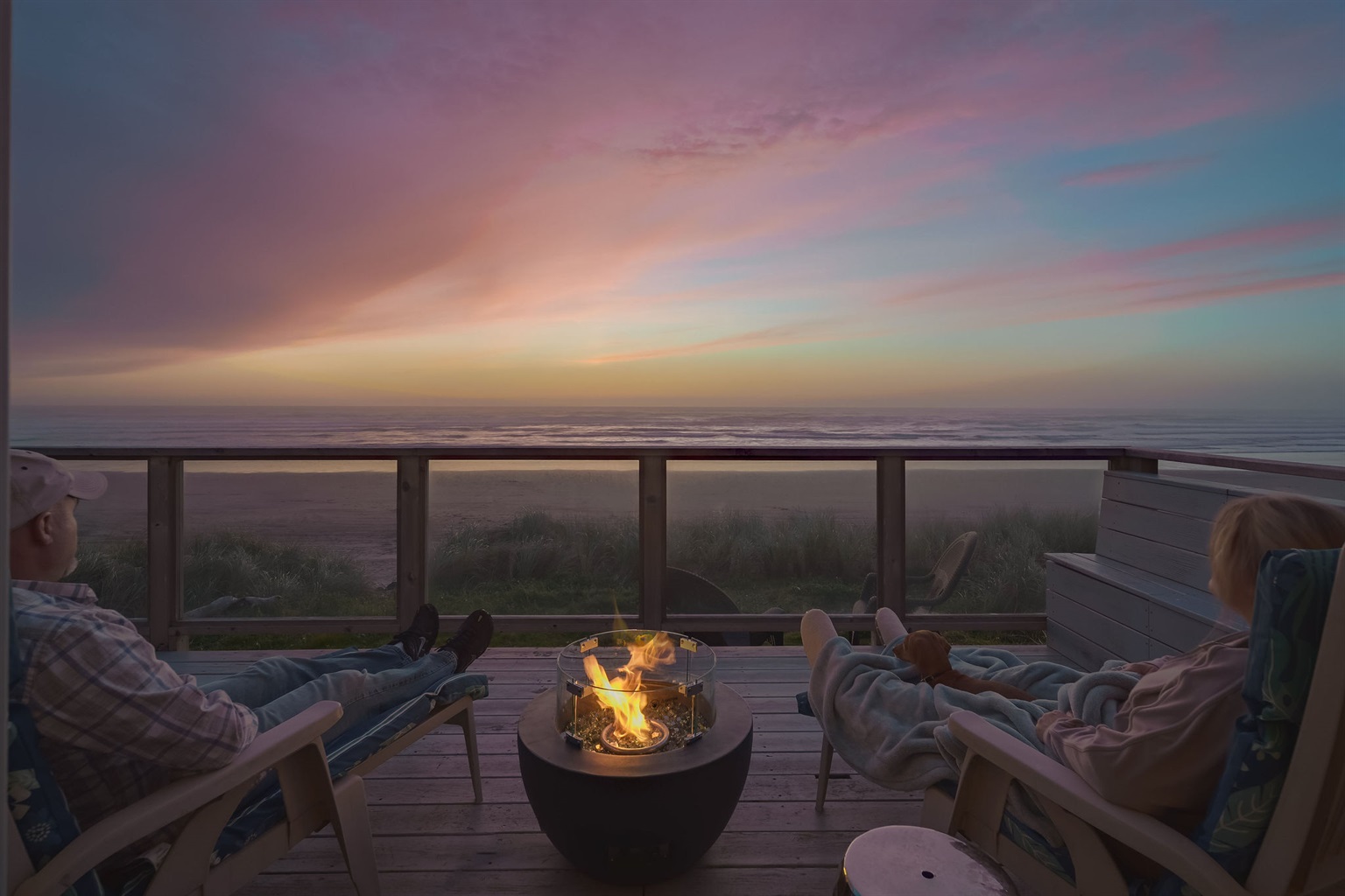 A serene outdoor setting at sunset with the expansive and endless view of the ocean's horizon.  