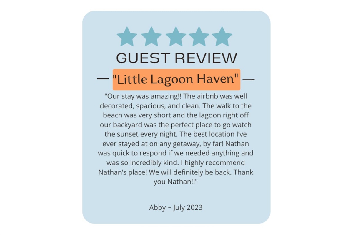  5-star Airbnb gem: Little Lagoon Haven offers sunsets, comfort, and top-notch service.