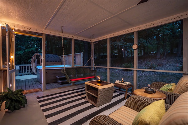 Screened in porch with dining for 8 plus additional comfy seating area
