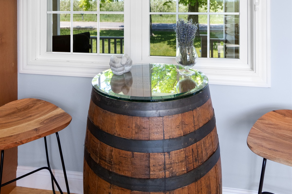 Unique wine barrel table, perfect for morning coffee.