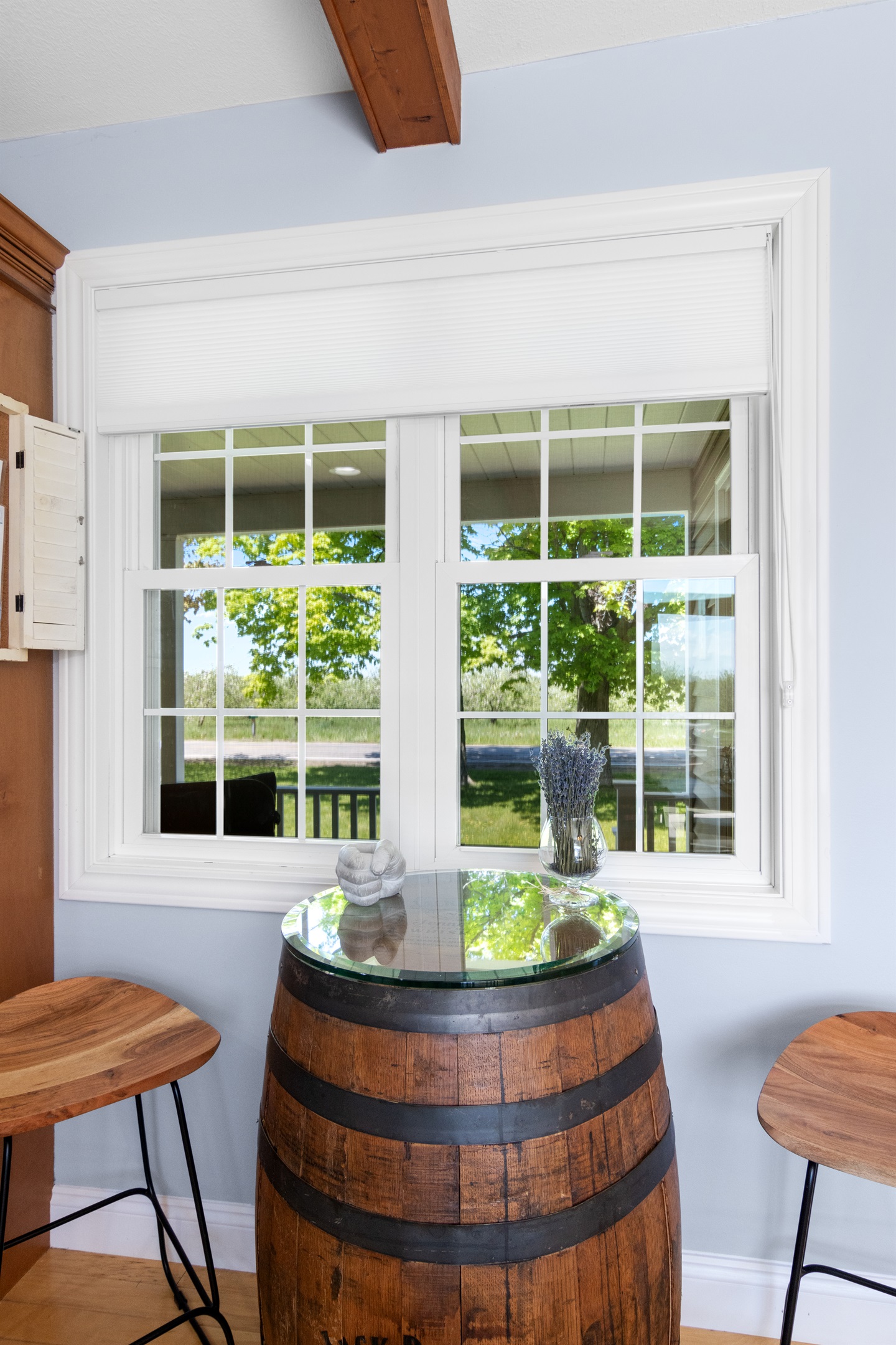 Unique wine barrel table, perfect for morning coffee.