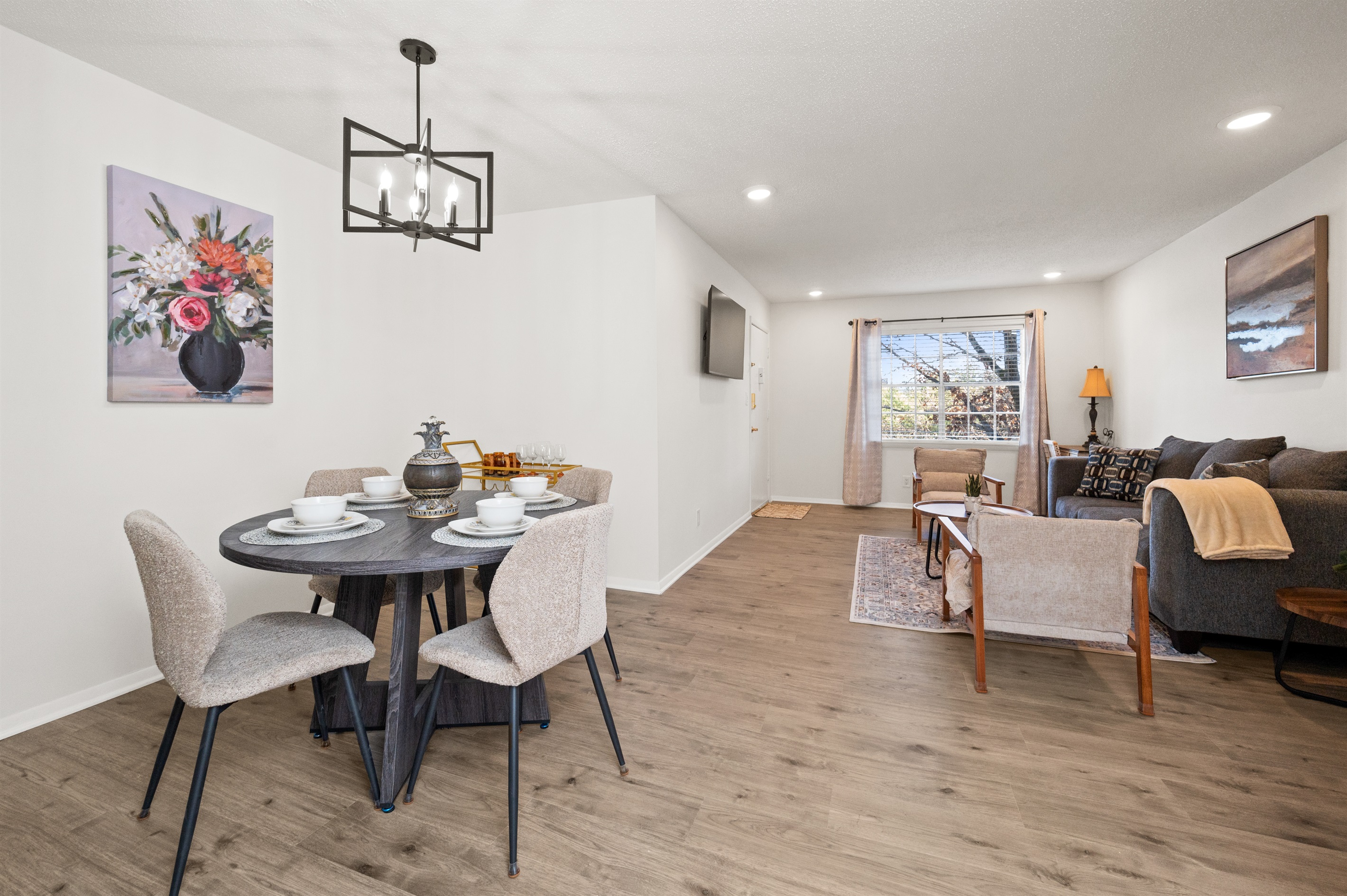 Here's a full look of the dining area and living room to give you a better feel for the dimensions of the space.
