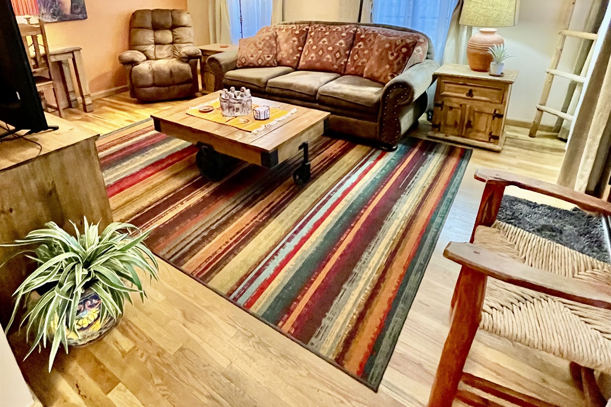 Southwestern style living room with comfy seating and unique decor.