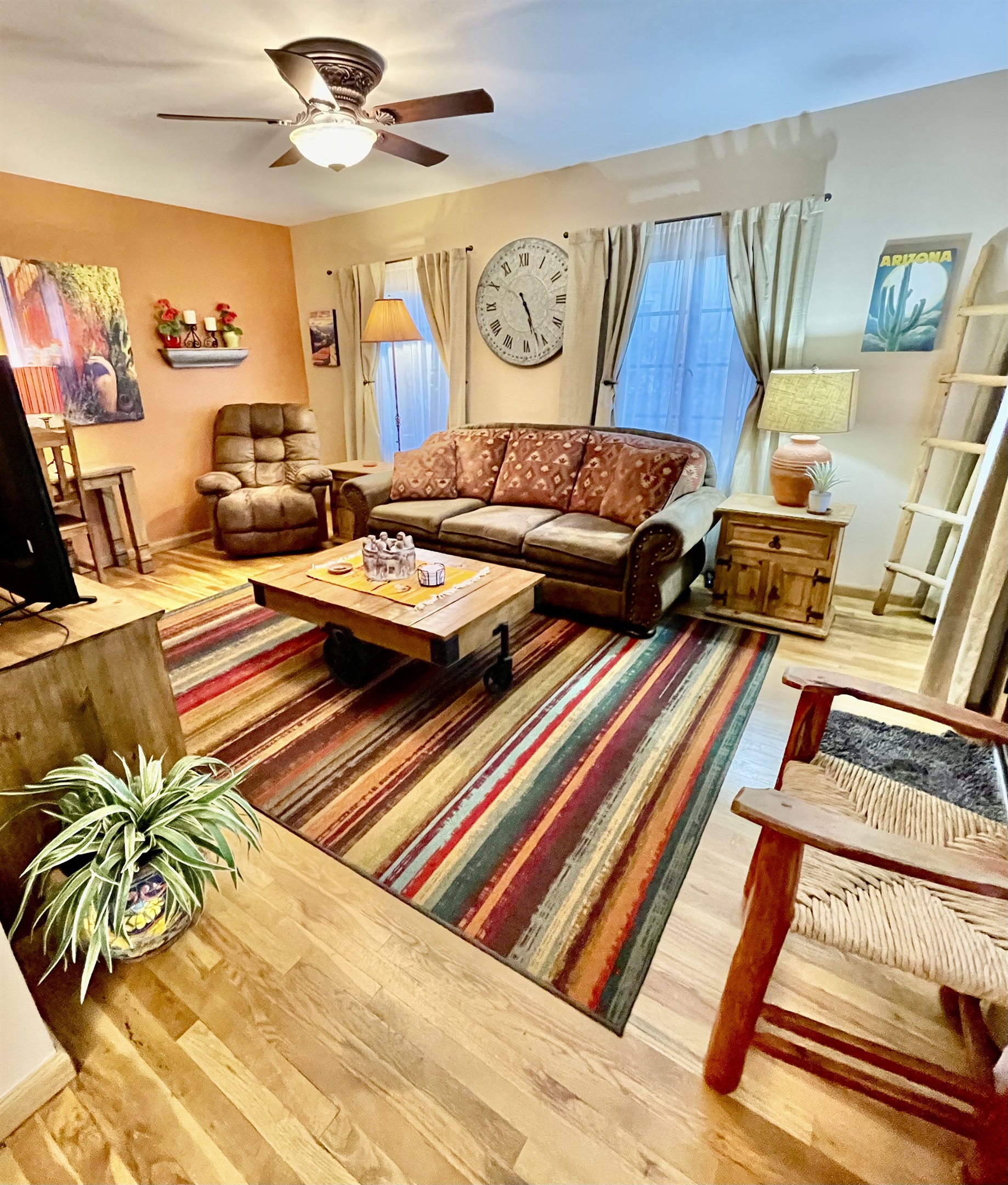 Southwestern style living room with comfy seating and unique decor.