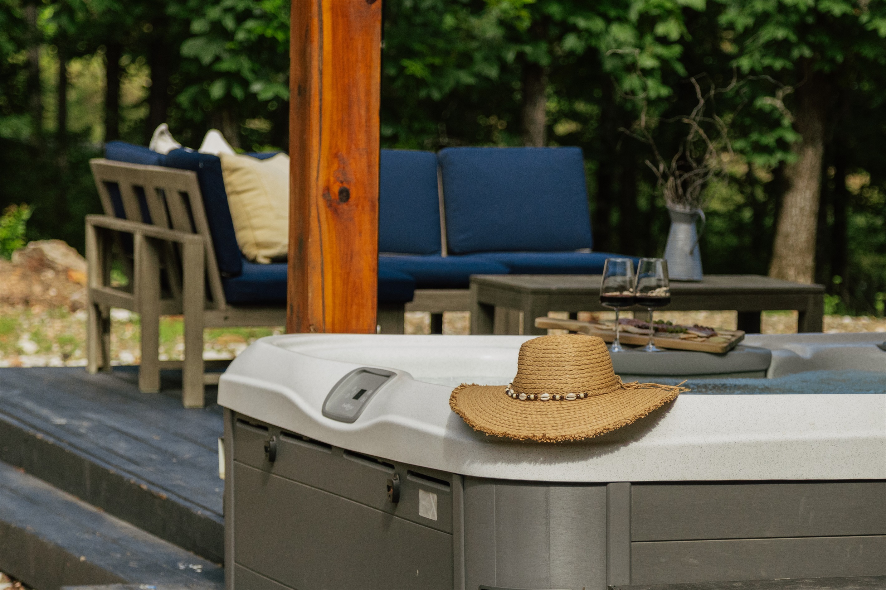Unwind in the Hot Tub while surrounded by towering pines.