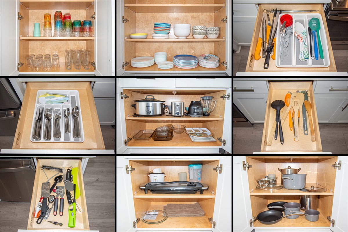 This kitchen has everything from toddler dinnerware to champagne glasses.
