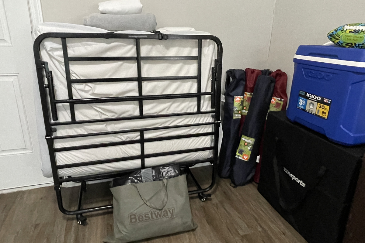 Fold up bed and air mattress, beach chairs