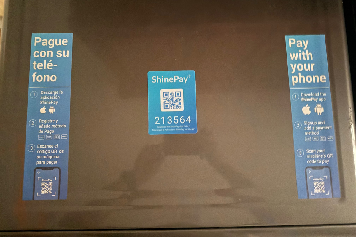Machine identification details and mobile app code for laundry usage.