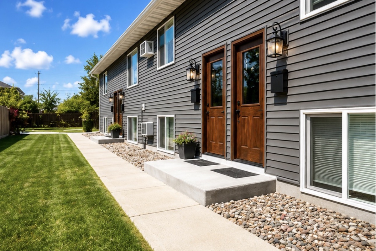 Private exterior entrance with landscaped walkway and well-kept lawn