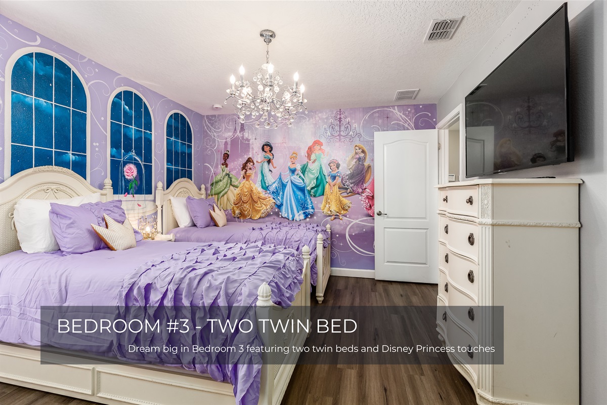 Little dreamers will love Bedroom 3 with its Disney Princess theme and comfy twin beds