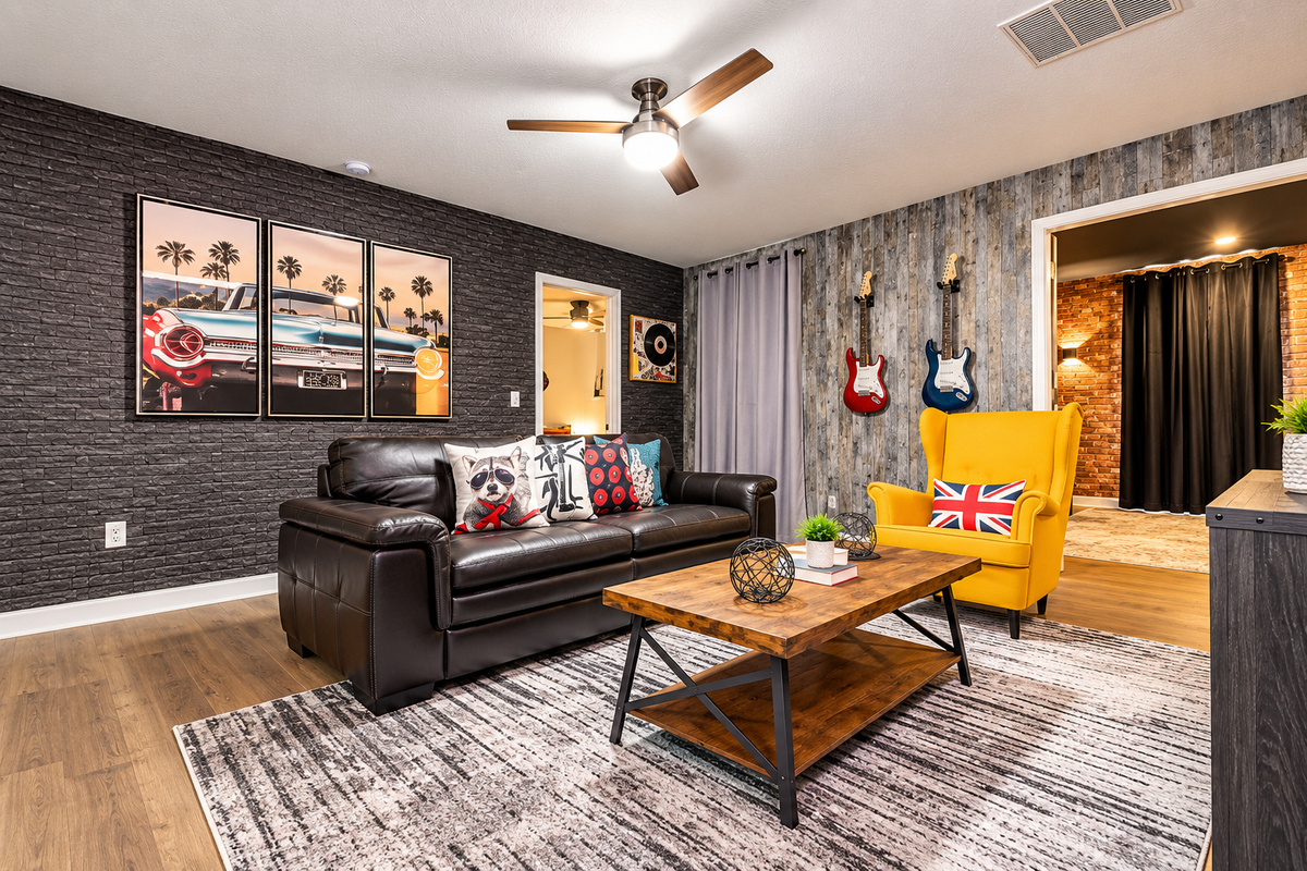 Rock and Roll-themed family room is a hit with older kids  and those young at heart.