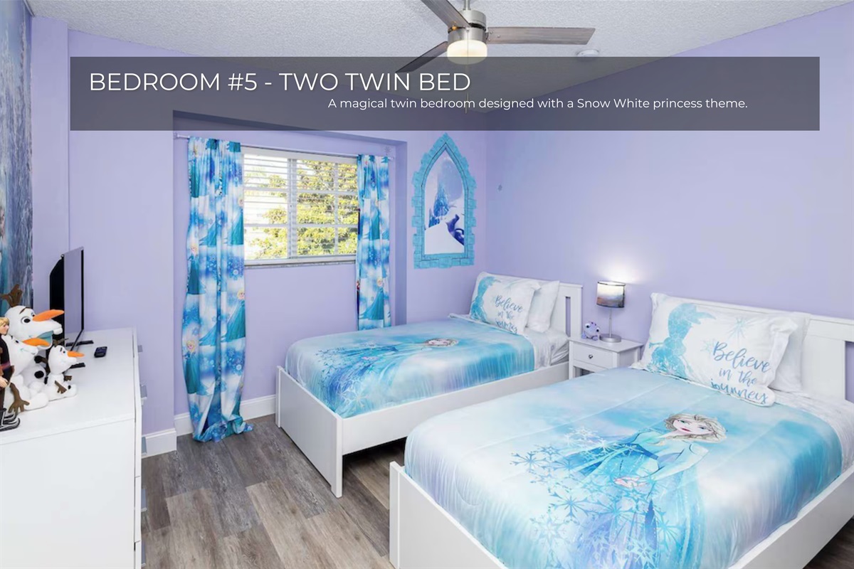 Sweet dreams await in Bedroom 5 with twin beds and a touch of Disney magic.