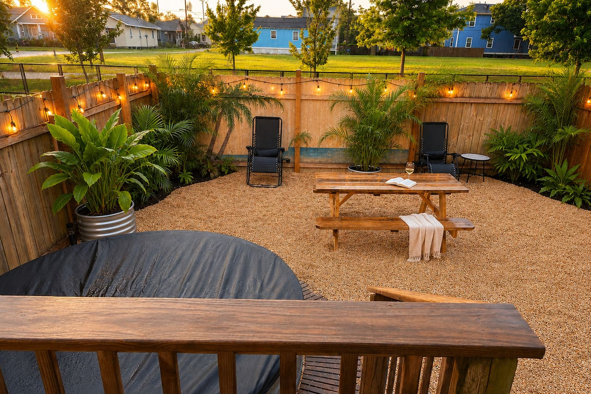 The backyard is fenced in and overlooks the Lafitte Greenway.  The gravel "Bayou Beach" is a lovely place for a meal, drinks, or a dip in the pool.  The yard and pool are shared with the neighboring 3BR unit, which is usually vacant.  