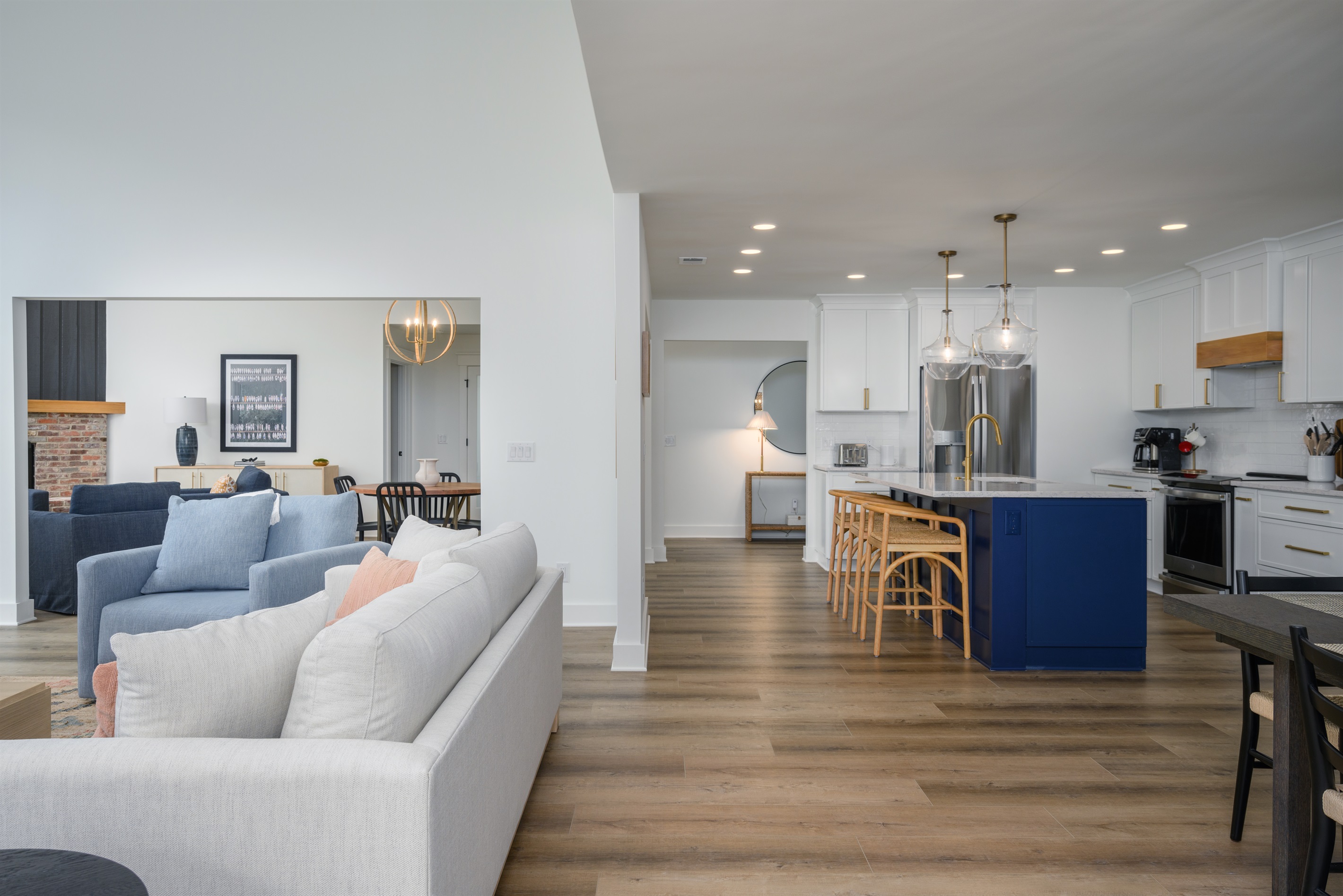 View of kitchen, family room, living room and entrance into Office / Sitting area / Kid's den