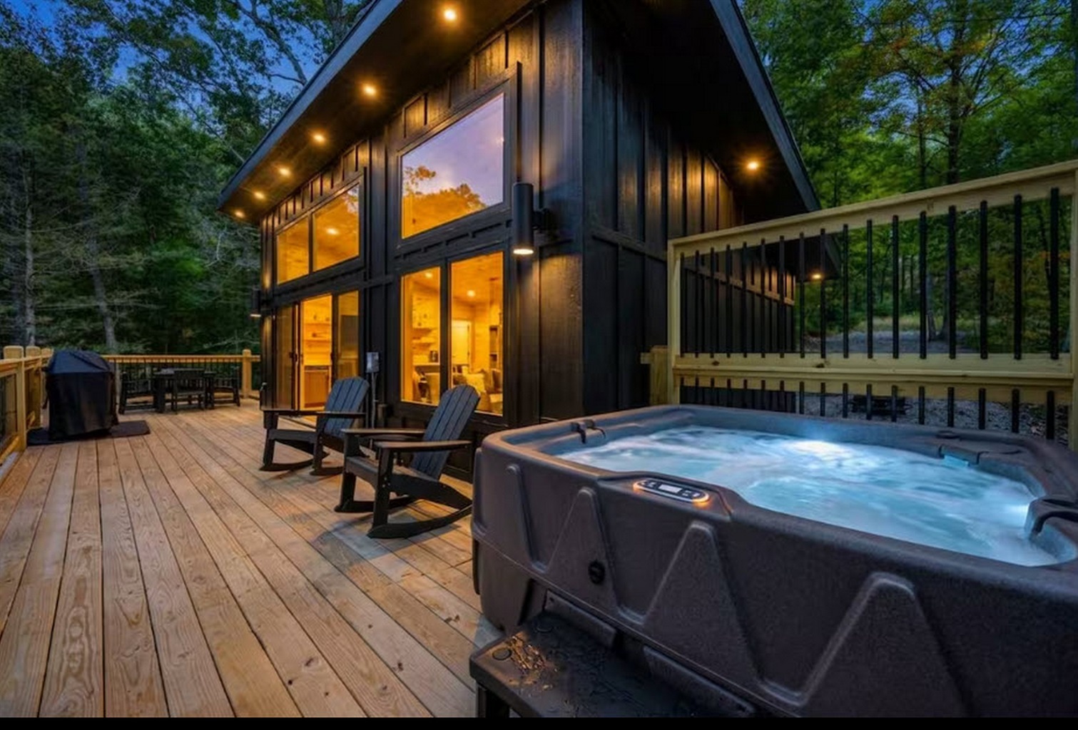 Enjoy the secluded hot tubs on each cabin's deck, surrounded by trees and quiet