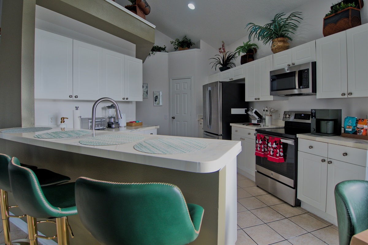 Kitchen and bar seating.