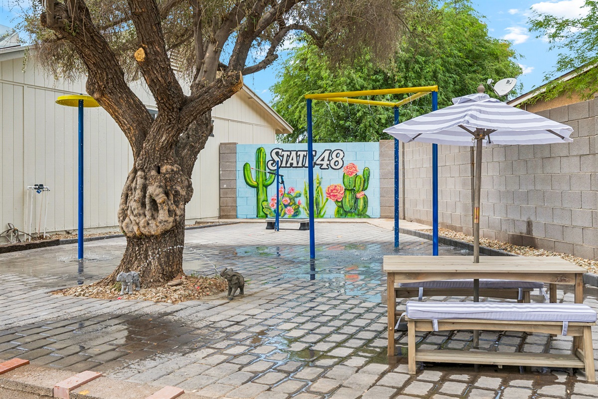 Your kids (young and old) will have HOURS of fun staying cool with the custom-made splash pad patio in the back yard!