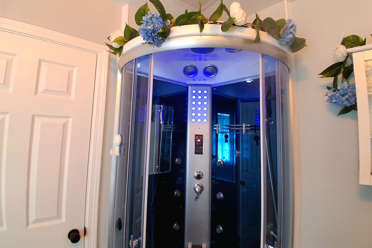 Primary Bathroom. Step into your private spa unit, complete with a steam sauna and rainfall shower. Soft blue lighting sets a tranquil mood, and a built-in bench invites you to unwind. Just outside, a robe hook keeps towels or robes within reach.