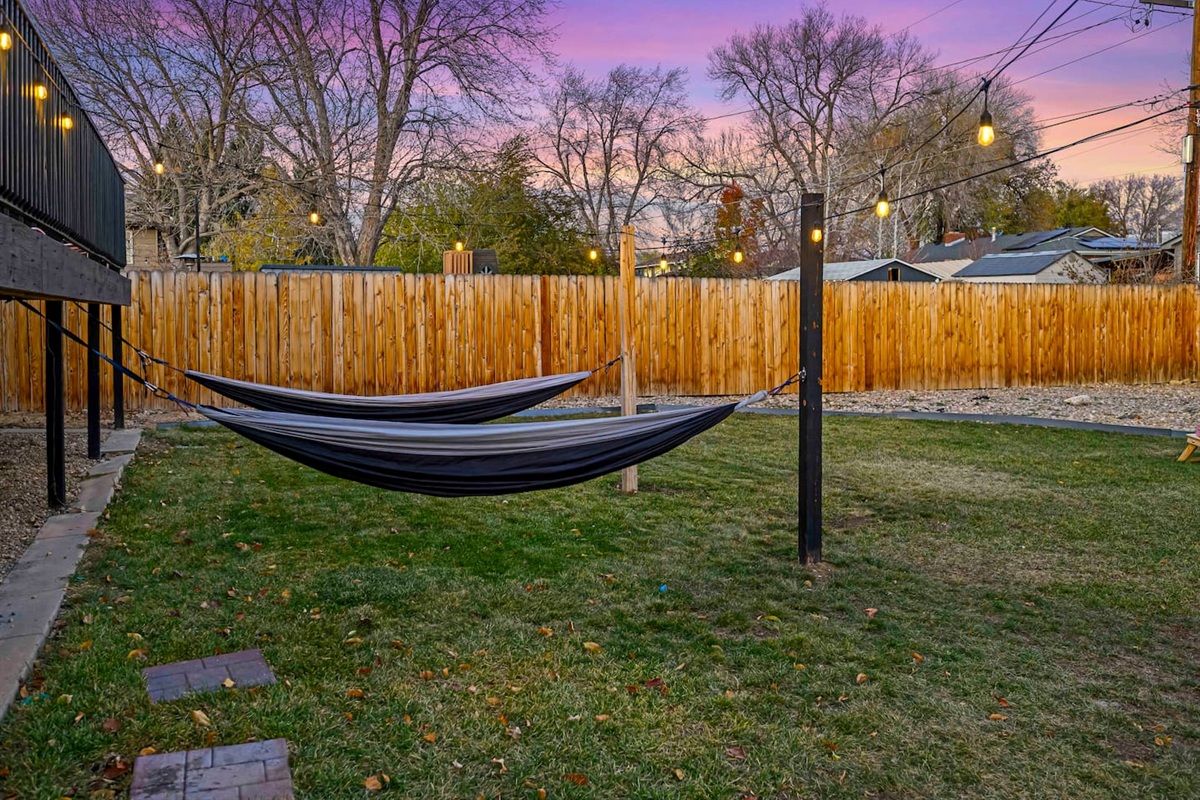 Relax in the hammocks after exploring Denver or hiking a nearby trail. 