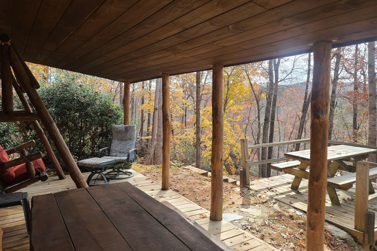Lower level with 2 picnic tables. Hear the river - huge mountain/lake views.