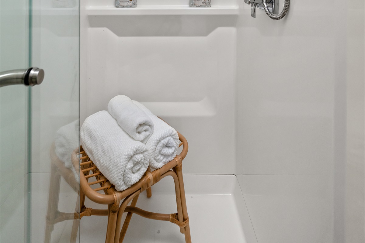 Newly renovated bathroom featuring a modern walk in shower and clean updated finishes for a relaxing and refreshing experience.