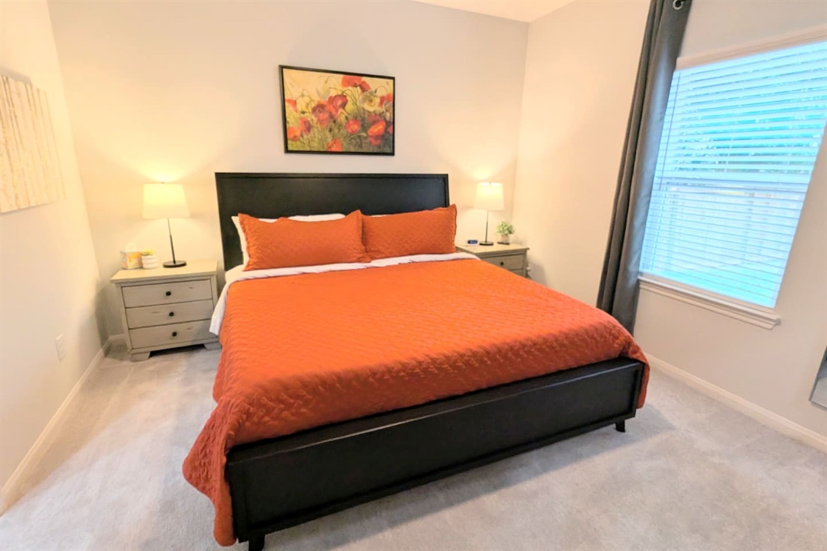 Bedroom also has ceiling fan, alarm clock, full sized mirror, and bedside charging stations. 